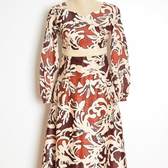 vintage 60s dress graphic print long hostess maxi gown empire waist XS African - Picture 2 of 8